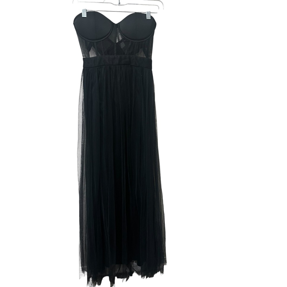 Black Corset Tulle Maxi Dress Strapless Mesh Prom Evening Gown Womens Large